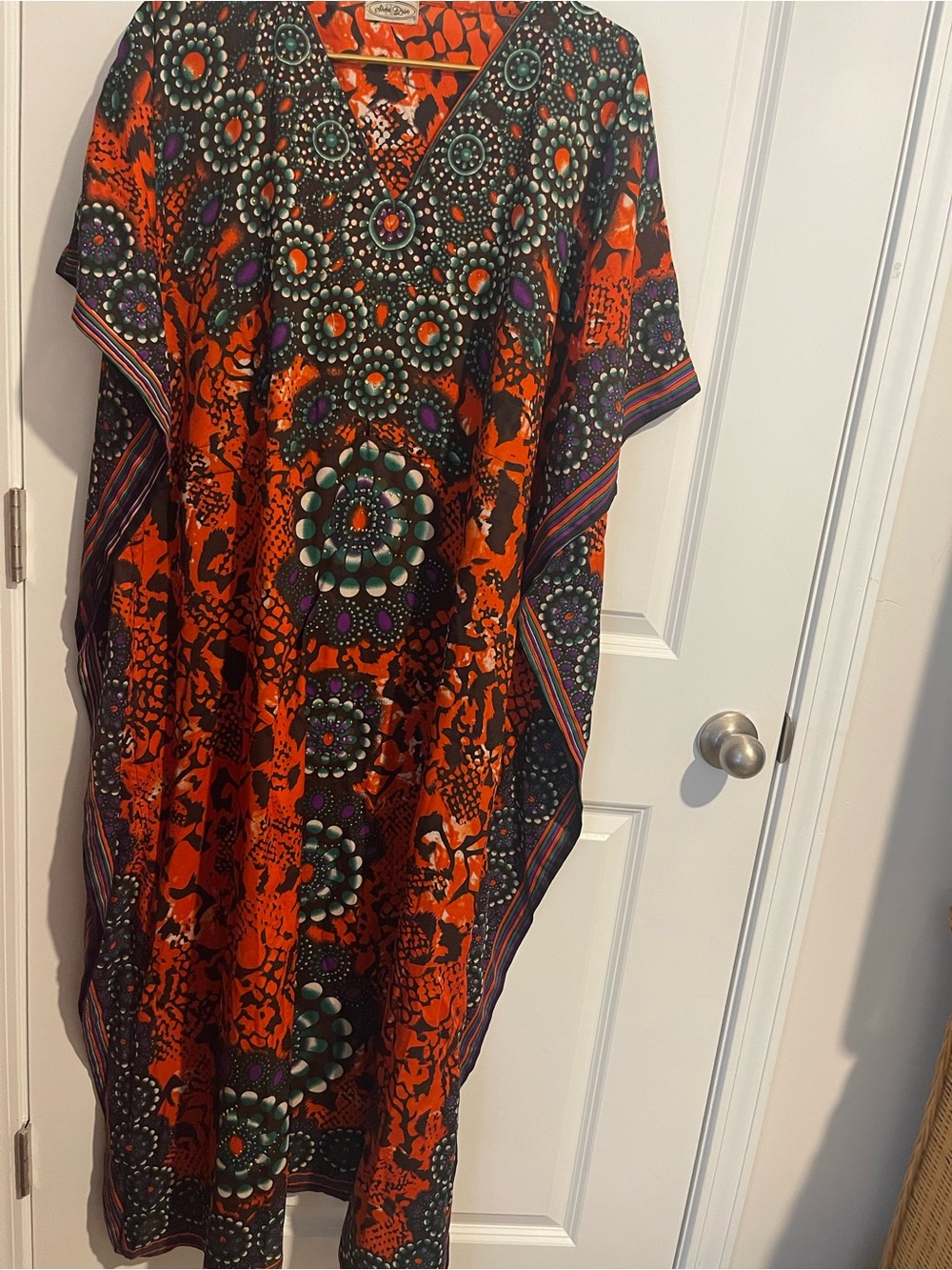 Vibrant Orange Geometric Print One Size Full Length Kaftan Dress. Gold sparkles